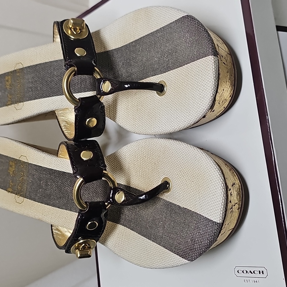 Coach Gold and Black Wedge Sandals - Picture 7 of 14